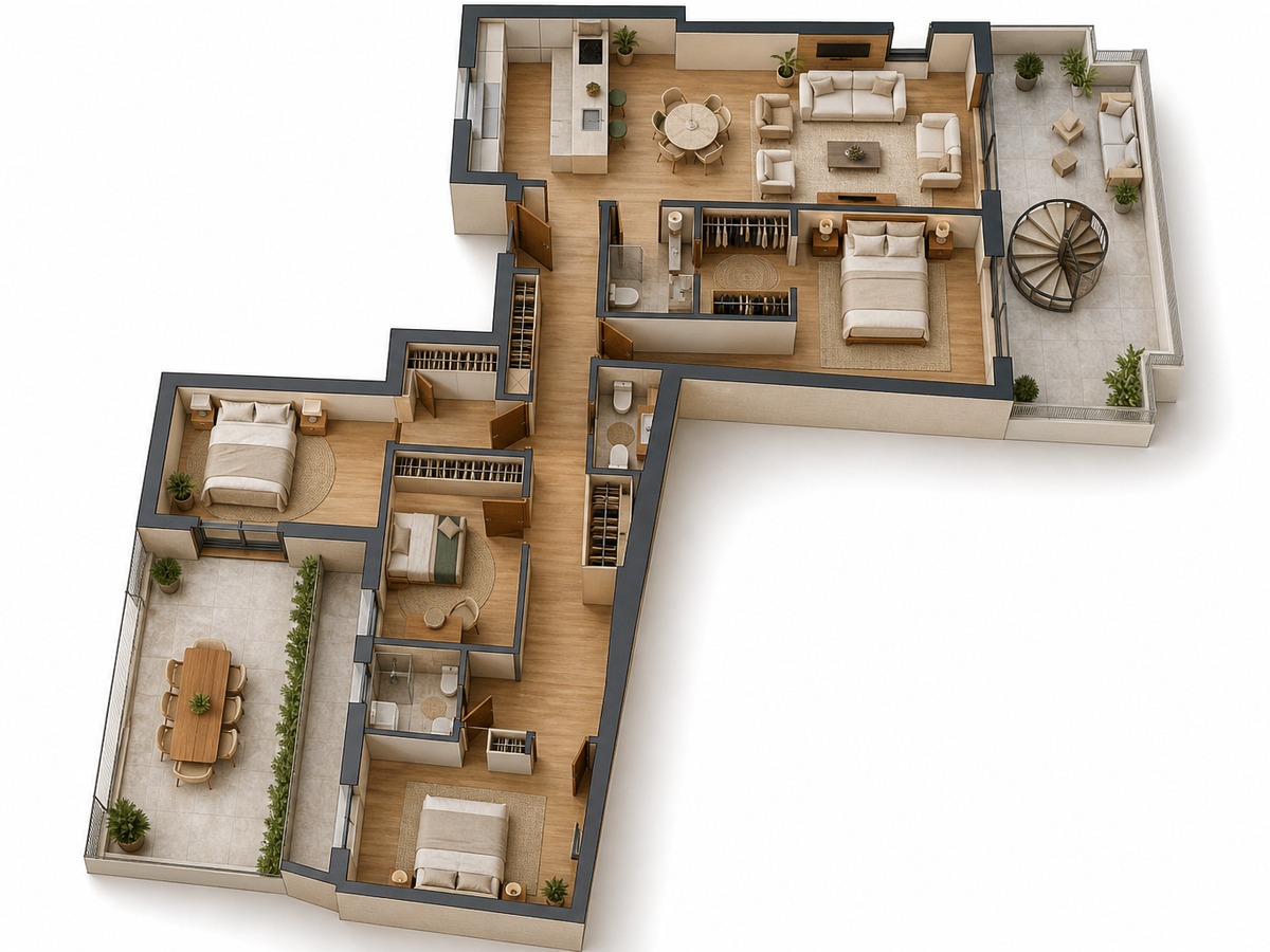 Vista 3D orientativa · Ático 165 m² (mobiliario no incluido)